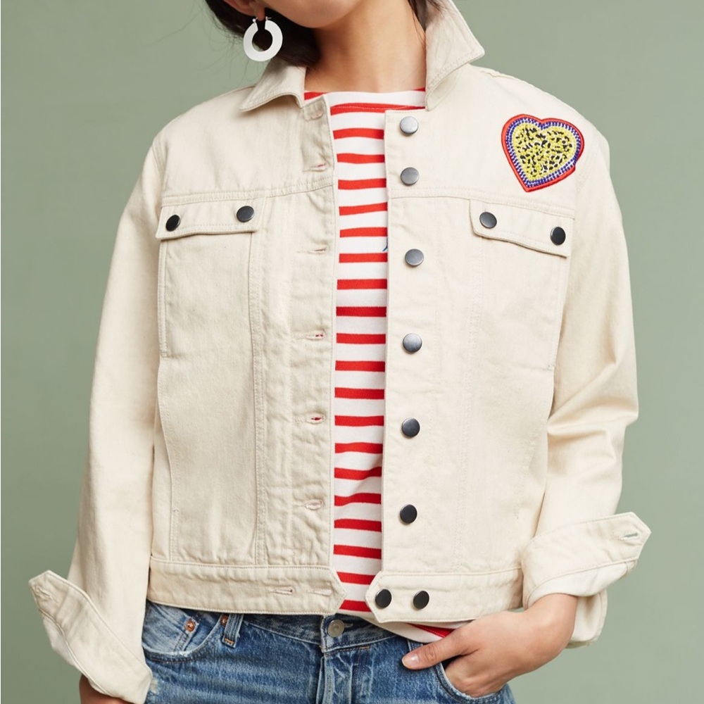 Maison Labiche Embroidered Heart White Denim Jean Jacket Anthropologie‎